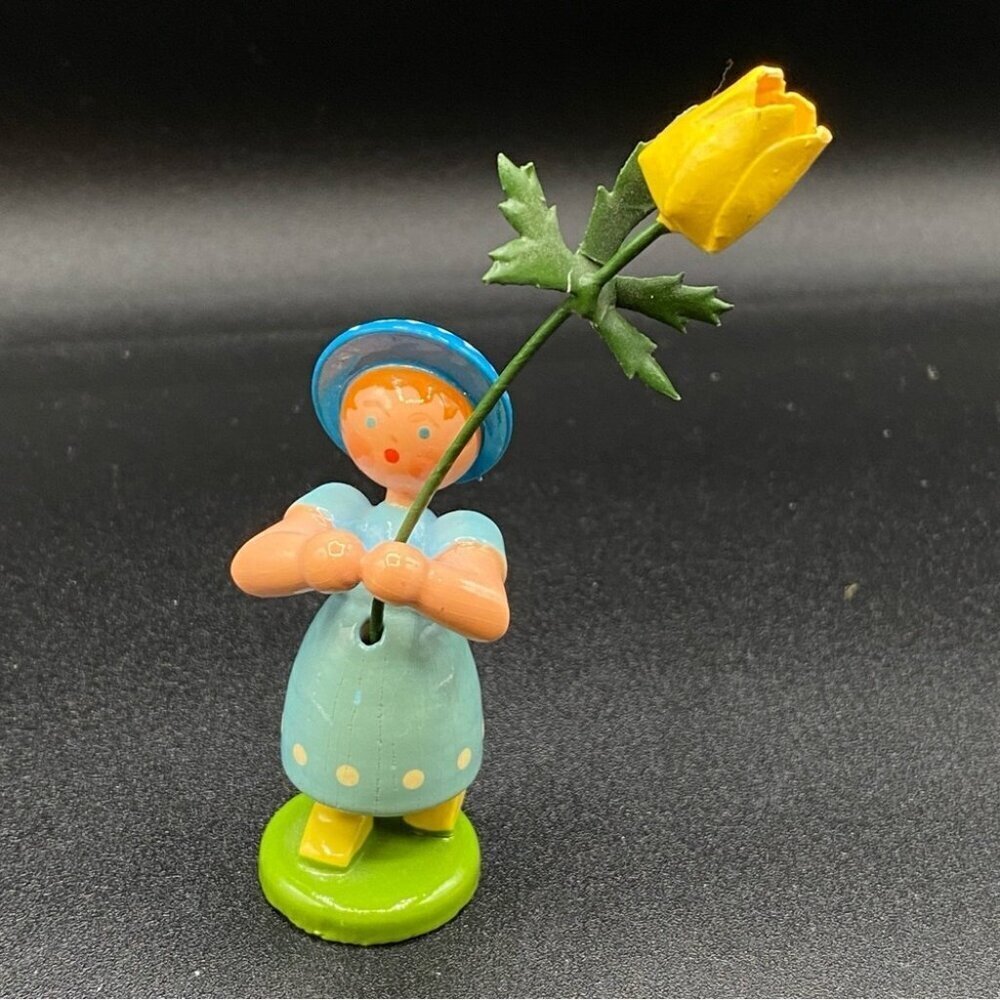 Very Old ERZGEBIRGE German Hand Carved Wooden Girl Holding Yellow Daffodil
